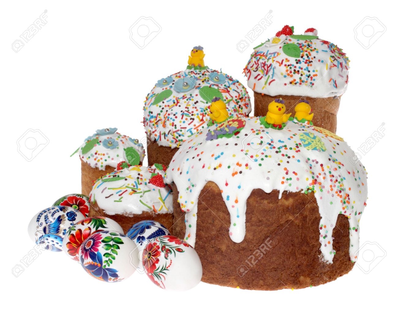 12470388-russian-easter-cake-and-colourful-easter-eggs-isolated-on-the-white-background-stock-photo